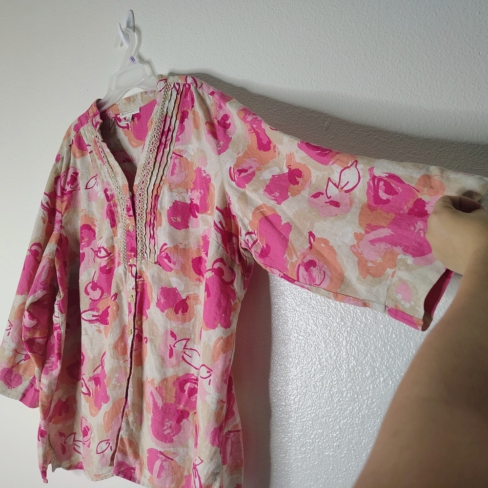 JM Collection Woman 100% Linen Floral Blouse Pink Orange Plus Size 24W Boho Top - Picture 7 of 16